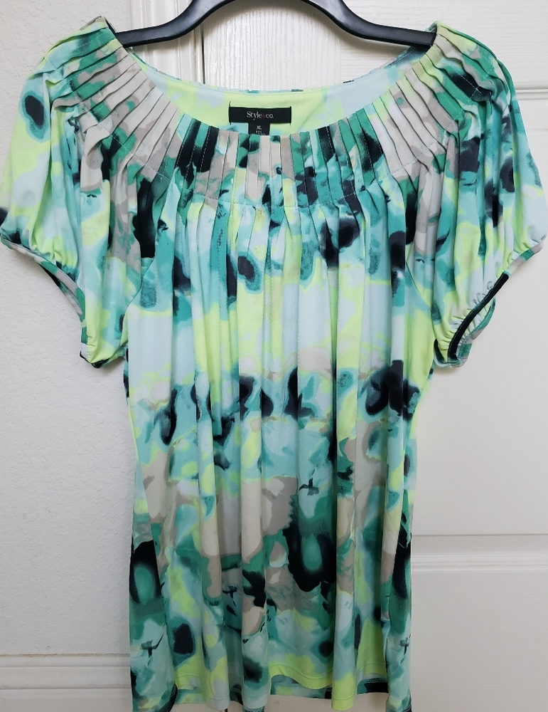 Style & Co Aqua/Yellow Short Sleeve Blouse